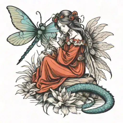 renaissance fairy kneeling down with dragon fly landing in the palm of her hand tattoo design idea