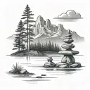 A tattoo of an Inukshuk (a rock shaped man) in the foreground looking to a lake with trees in the MG and a 3 peaks snowe tattoo design idea