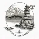 A tattoo of an Inukshuk (a rock shaped man) in the foreground looking to a lake with trees in the MG and a 3 peaks snowe tattoo design idea