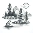 A tattoo of an Inukshuk (a rock shaped man) in the foreground looking to a lake with trees in the MG and a 3 peaks snowe tattoo design idea