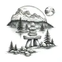 A tattoo of an Inukshuk (a rock shaped man) in the foreground looking to a lake with trees in the MG and a 3 peaks snowe tattoo design idea