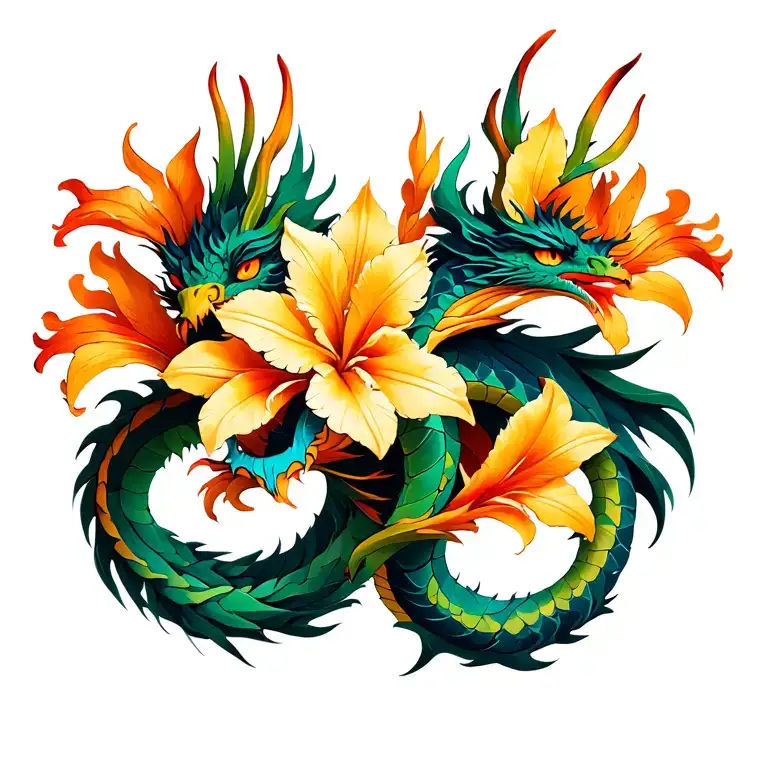 gladiolus flower intertwined with abstract dragon tattoo design idea