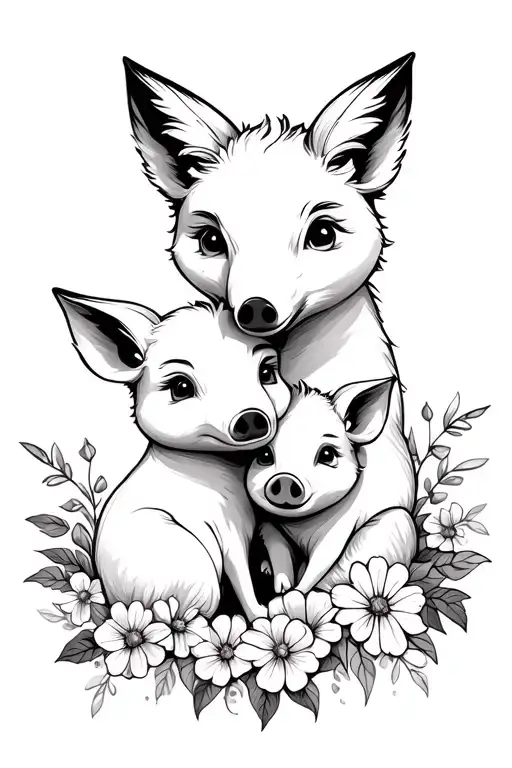 fox and pig cuddling together surrounded by blooming flowers tattoo design idea
