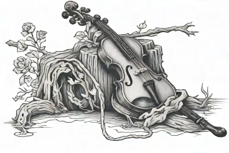 fiddle leaning on a stump in the ground with a cross on the fiddle tattoo design idea