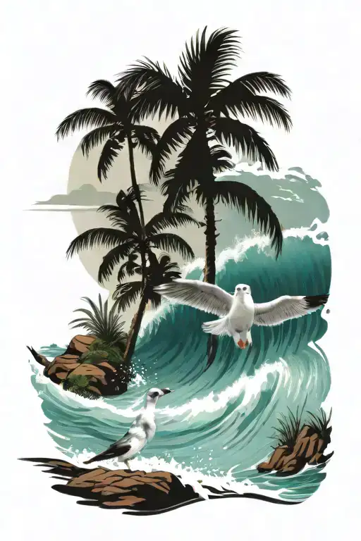 seagull on wave with palms tree tattoo design idea
