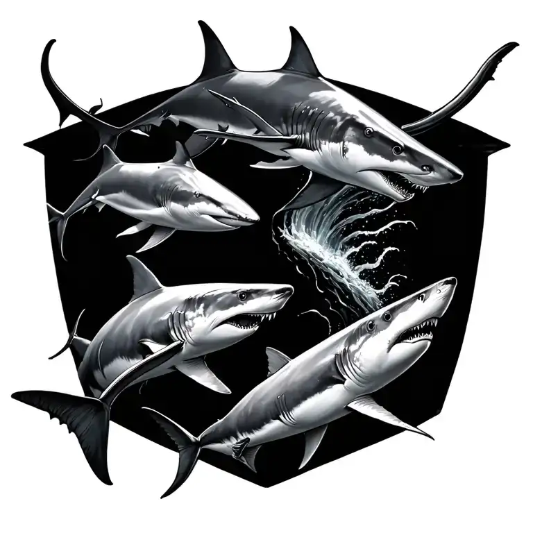 spine tatto with sharks and manta rays rising tattoo design idea