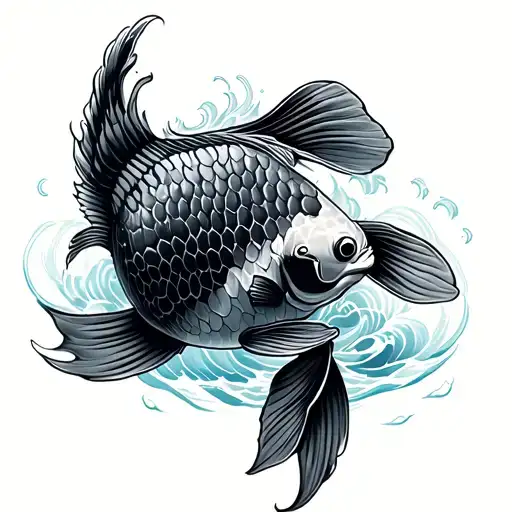 Koi fish for a man, but make it a little dark looking, with waves of water as well I’m placing it on my right leg tattoo design idea