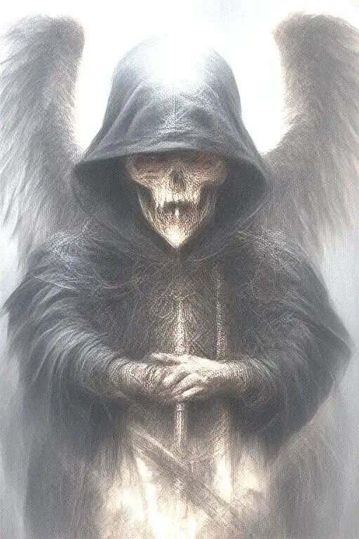 angel of death, in a black tattered cloak with a hood, with red eyes with a glare, with a katana tattoo design idea