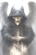 angel of death, in a black tattered cloak with a hood, with red eyes with a glare, with a katana tattoo design idea
