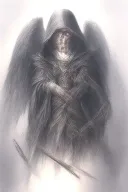 angel of death, in a black tattered cloak with a hood, with red eyes with a glare, with a katana tattoo design idea