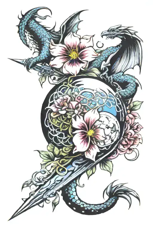 goddess dragons sword crystal ball flowers moon phases tattoo design idea