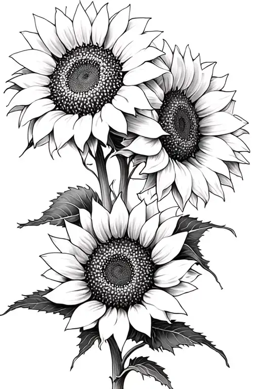 Black and white pencil sketch of two large sunflowers with detailed petals and realistic shading, surrounded by broad  tattoo design idea