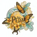word "Pedda" surrounded by waves,sunrise,butterfly symbolizes how her presence brings you energy, inspiration, joy in li tattoo design idea