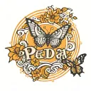 word "Pedda" surrounded by waves,sunrise,butterfly symbolizes how her presence brings you energy, inspiration, joy in li tattoo design idea