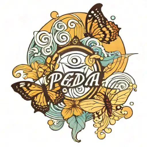 word "Pedda" surrounded by waves,sunrise,butterfly symbolizes how her presence brings you energy, inspiration, joy in li tattoo design idea