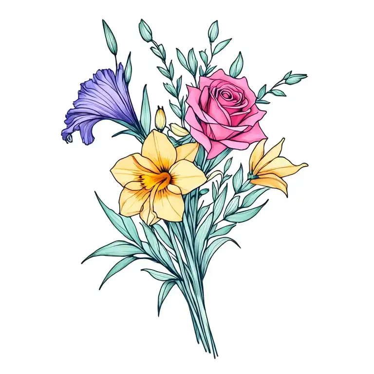 dainty fine line bouquet tattoo gladiolus, sweet pea, rose, daffodil with a little bit of color add purples pinks blues tattoo design idea