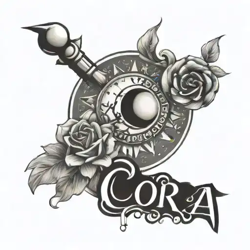 The name Cora with the date July 15 with sun and moon and cancer zodiac and taurus tattoo design idea