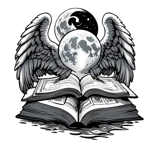 angel wings. fullmoon. open book. money stack broken heart. ocean waves tattoo design idea