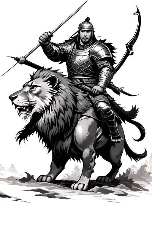 samurai archer riding a lion in armor tattoo design idea