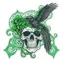 irish skull and crow knot work clovers green and black tattoo design idea