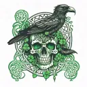 irish skull and crow knot work clovers green and black tattoo design idea
