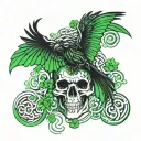 irish skull and crow knot work clovers green and black tattoo design idea