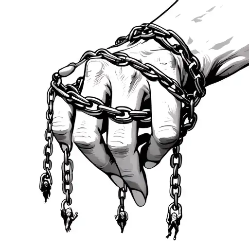 hand facing down with chains wrapped around each finger with people hanging from the bottom of each chain tattoo design idea