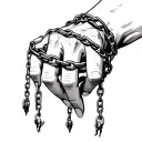 hand facing down with chains wrapped around each finger with people hanging from the bottom of each chain tattoo design idea