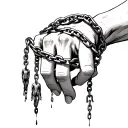 hand facing down with chains wrapped around each finger with people hanging from the bottom of each chain tattoo design idea
