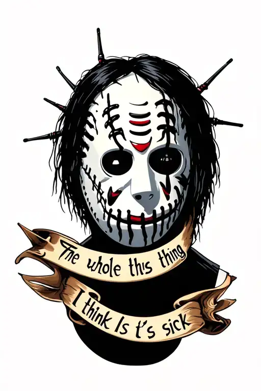 Joey jordison's 1999 slipknot mask with no face, the words " the whole thing I think it's sick" in a banner wrapped  tattoo design idea