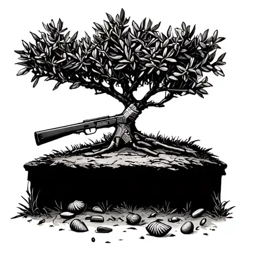 olive tree with a shotgun under and some shells. the shotgun under the tree like its resting  tattoo design idea