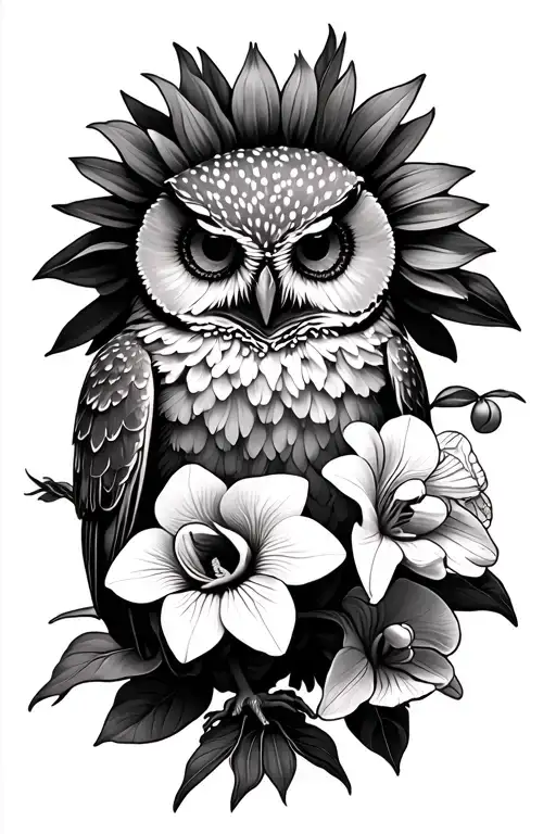 sunflower and orchids with a perched owl perched tattoo design idea