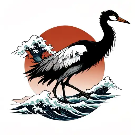 Crane Japanese with kanagawa wave tattoo design idea
