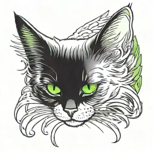 back fluffy cat with green eyes  curled upp sleeping with angel wings on back tattoo design idea
