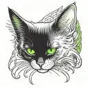 back fluffy cat with green eyes  curled upp sleeping with angel wings on back tattoo design idea