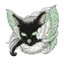 back fluffy cat with green eyes  curled upp sleeping with angel wings on back tattoo design idea