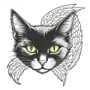 back fluffy cat with green eyes  curled upp sleeping with angel wings on back tattoo design idea