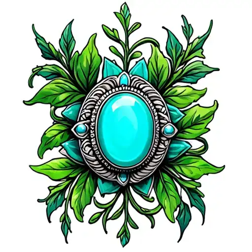 western brooch turquoise  dark green leaves and vines around it tattoo design idea
