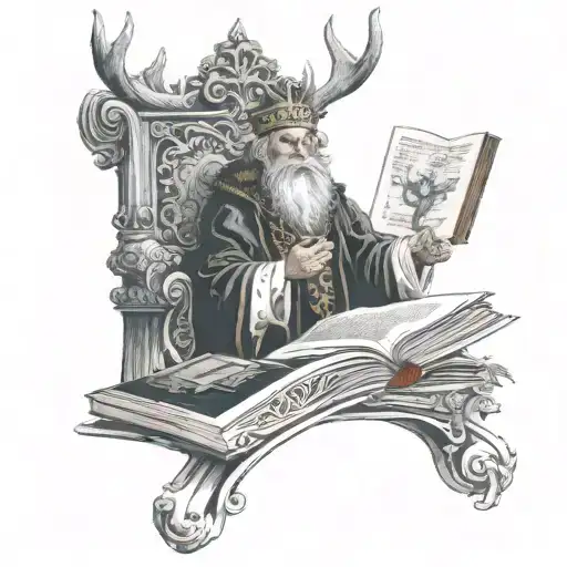 magician tarot card depicting a druid-style magician wearing a crown of antlers standing in behind a magic book tattoo design idea