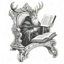 magician tarot card depicting a druid-style magician wearing a crown of antlers standing in behind a magic book tattoo design idea