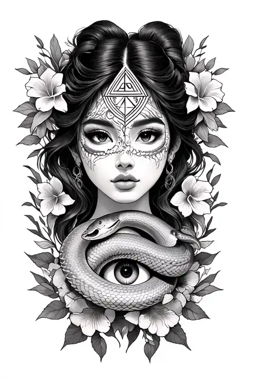 gemini double headed asian woman, snakes and flowers, illuminati eye tattoo design idea