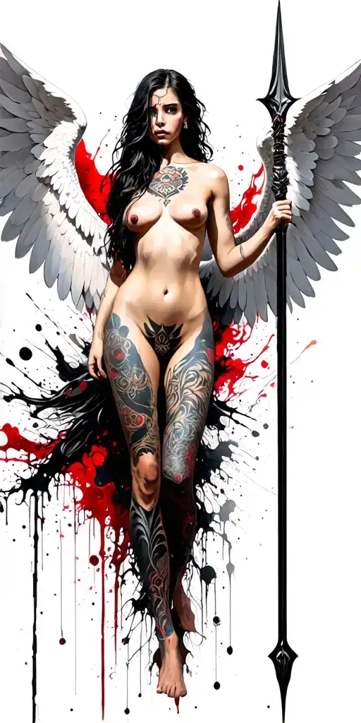 nude, tribal tattooed, fantasy battle angel with huge white wings, wide stance, using spear tattoo design idea