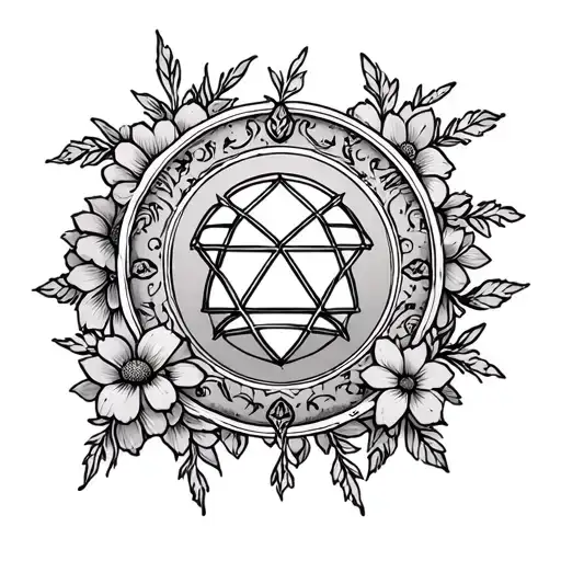 philosopher's stone symbol surrounded by flowers tattoo design idea