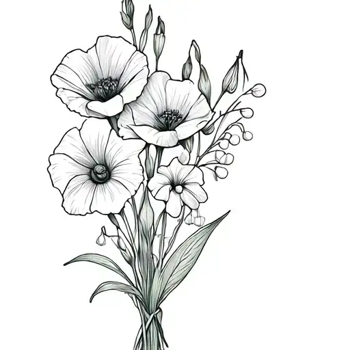 bouquet: poppy, gladiolus, lily of the valley, morning glory,   tattoo design idea