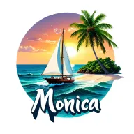"Monica" "Monica" "Monica" white sailboat sailing away towards sunrise sky, ocean, island with palm, beach, bubble letters at bottom tattoo design idea