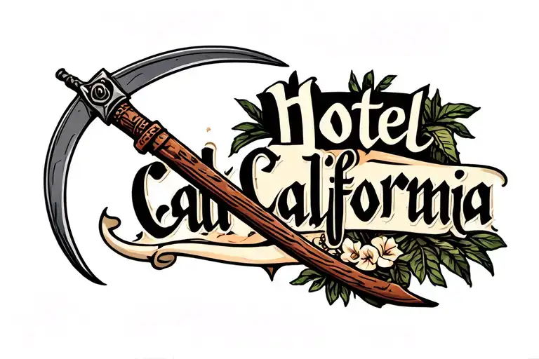 A lower back tattoo with a scythe and words Hotel California tattoo design idea