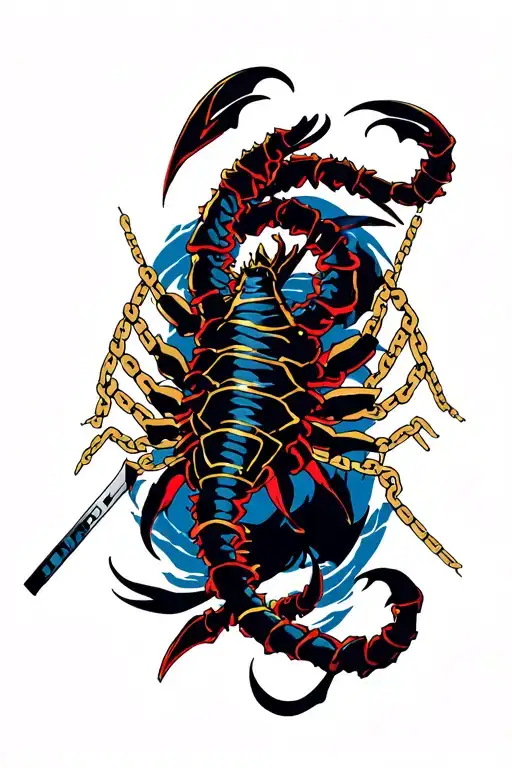 mortal kombat scorpions chain, samurai , waves , blue black red and gold tattoo design idea