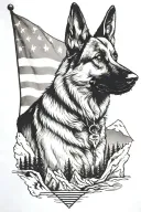 A portrait german shepherd on a mountain peak American flag waving say "diabetes" tattoo design idea