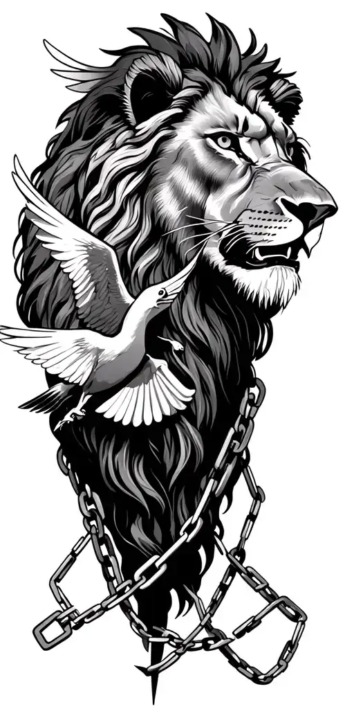 Black and grey realism with fine shading. A lion face with broken chains chains.  Put a dove flying over the lion. tattoo design idea