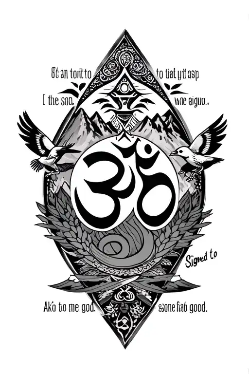 aum symbol intertwined with mountains, birds, mandala, and a quote" signed to god", ak47 tattoo design idea
